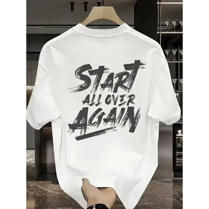 Erkek Kısa Kol Yazlık Tişört Bisiklet Yaka Baskılı Oversize T-Shirt - Beyaz