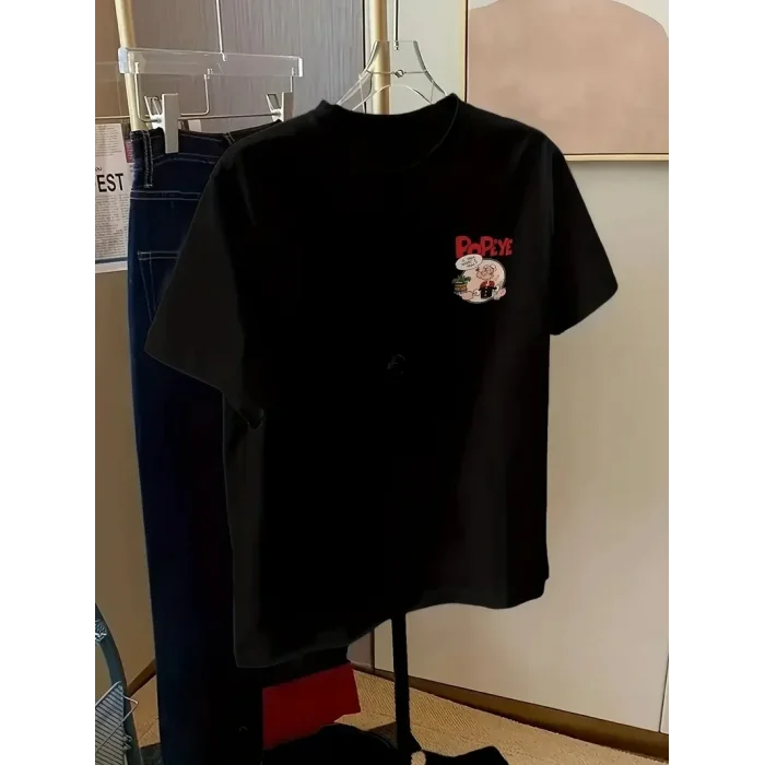 Kadın Ön ve Arka Baskılı T-Shirt Kısa Kol Bisiklet Yaka Regular Fit Tişört - Siyah
