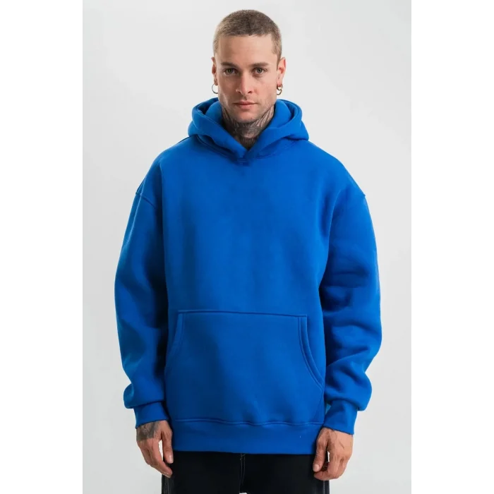 Erkek Oversize 3 İplik Pamuklu Kapüşonlu Kanguru Cepli Hoodie Sweatshirt - Saks Mavisi