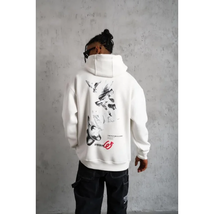 Erkek 3 İplik Pamuklu Kapüşonlu Baskılı Cepli Oversize Sweatshirt Hoodie - Beyaz