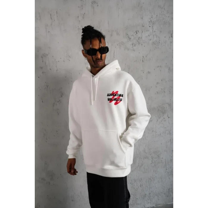 Erkek 3 İplik Pamuklu Kapüşonlu Baskılı Cepli Oversize Sweatshirt Hoodie - Beyaz