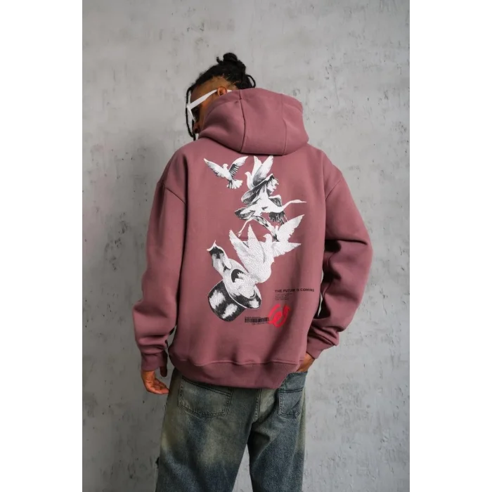 Erkek 3 İplik Pamuklu Kapüşonlu Baskılı Cepli Oversize Sweatshirt Hoodie - Gül Kurusu