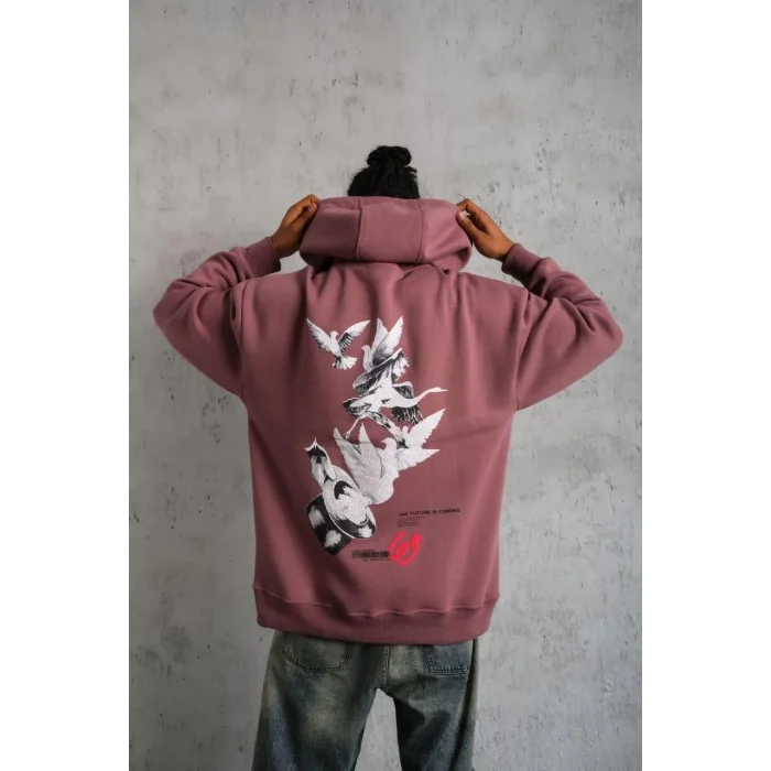 Erkek 3 İplik Pamuklu Kapüşonlu Baskılı Cepli Oversize Sweatshirt Hoodie - Gül Kurusu