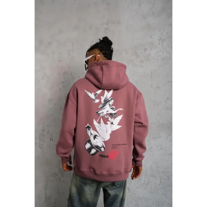 Erkek 3 İplik Pamuklu Kapüşonlu Baskılı Cepli Oversize Sweatshirt Hoodie - Gül Kurusu