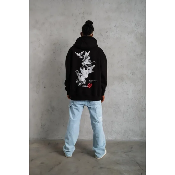 Erkek 3 İplik Pamuklu Kapüşonlu Baskılı Cepli Oversize Sweatshirt Hoodie - Siyah