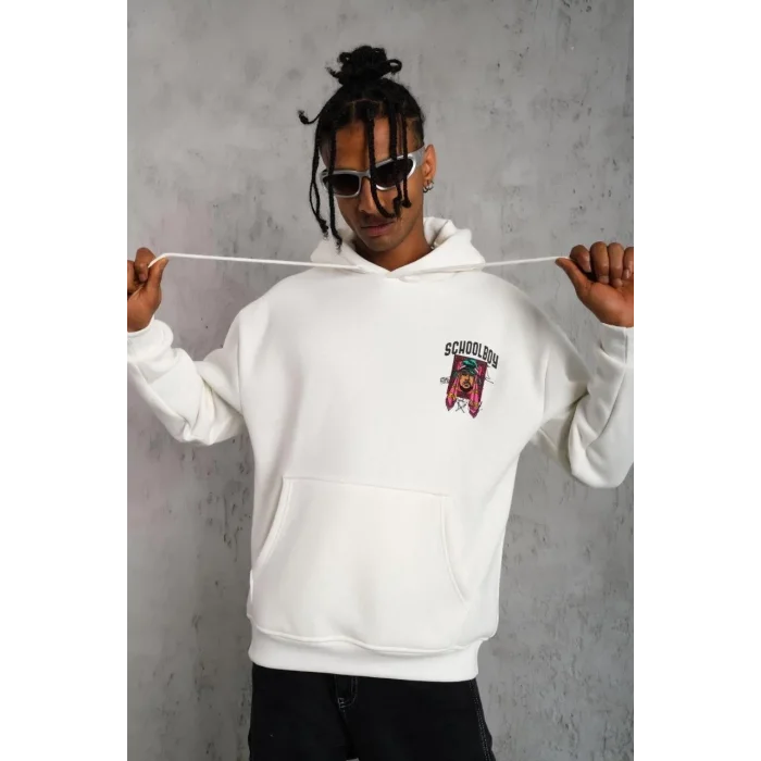 Erkek 3 İplik Pamuklu Kapüşonlu Baskılı Cepli Oversize Sweatshirt Hoodie - Beyaz