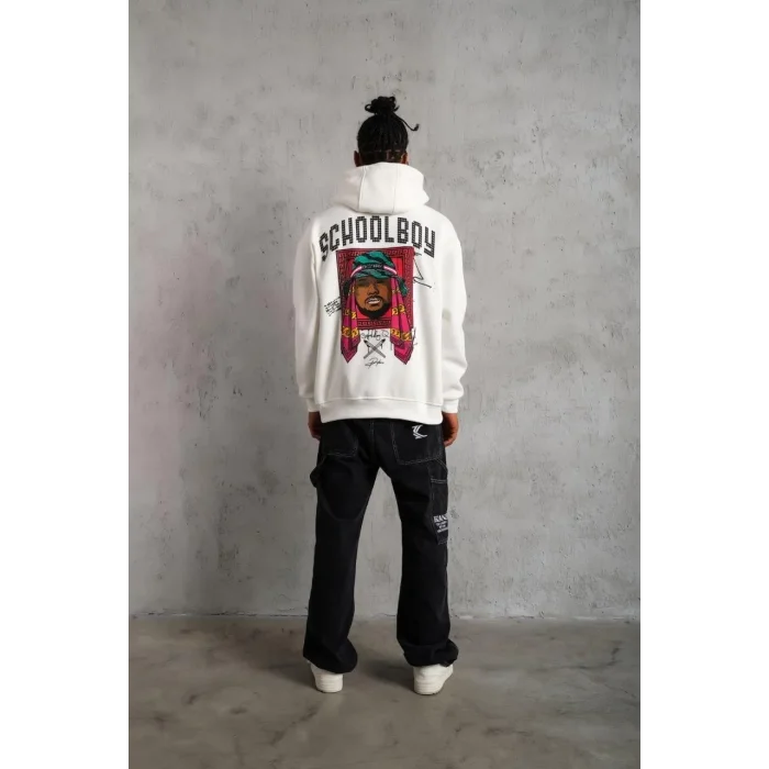 Erkek 3 İplik Pamuklu Kapüşonlu Baskılı Cepli Oversize Sweatshirt Hoodie - Beyaz