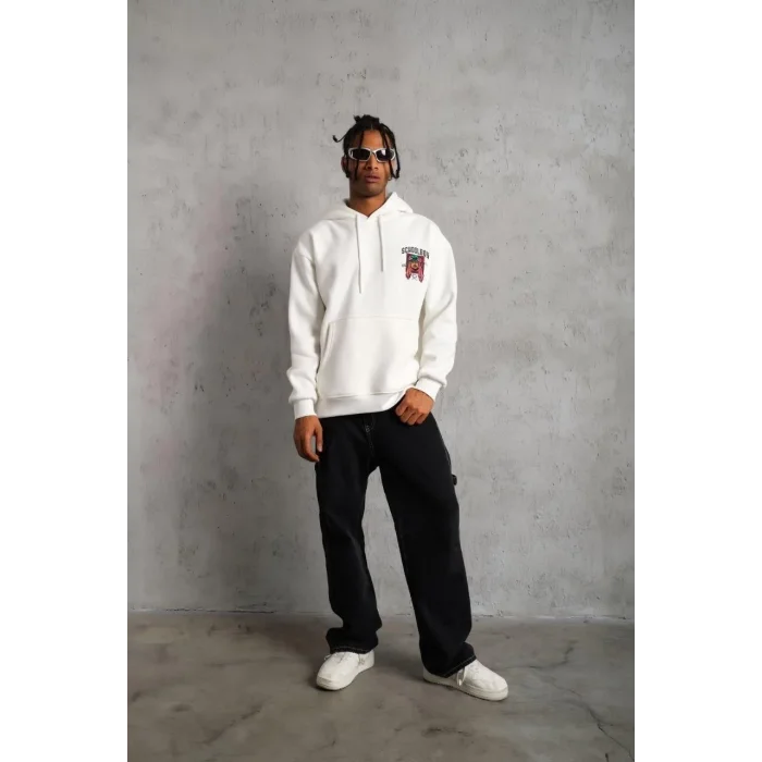 Erkek 3 İplik Pamuklu Kapüşonlu Baskılı Cepli Oversize Sweatshirt Hoodie - Beyaz