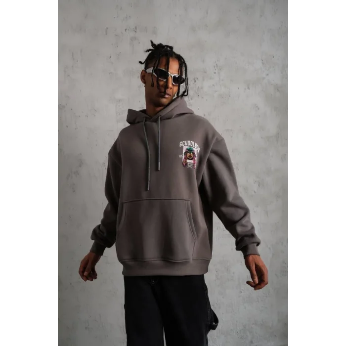 Erkek 3 İplik Pamuklu Kapüşonlu Baskılı Cepli Oversize Sweatshirt Hoodie - Gri