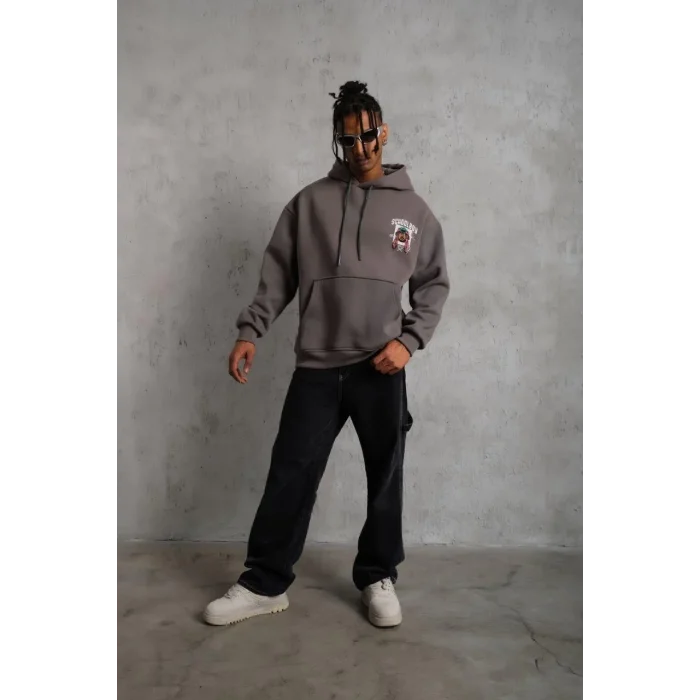 Erkek 3 İplik Pamuklu Kapüşonlu Baskılı Cepli Oversize Sweatshirt Hoodie - Gri