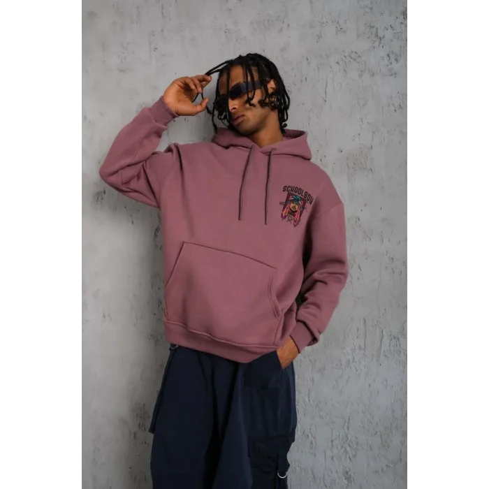 Erkek 3 İplik Pamuklu Kapüşonlu Baskılı Cepli Oversize Sweatshirt Hoodie - Gül Kurusu