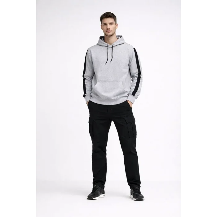 Erkek Şeritli Kapüşonlu Oversize Sweatshirt 3 iplik Pamuklu hoodie - Beyaz