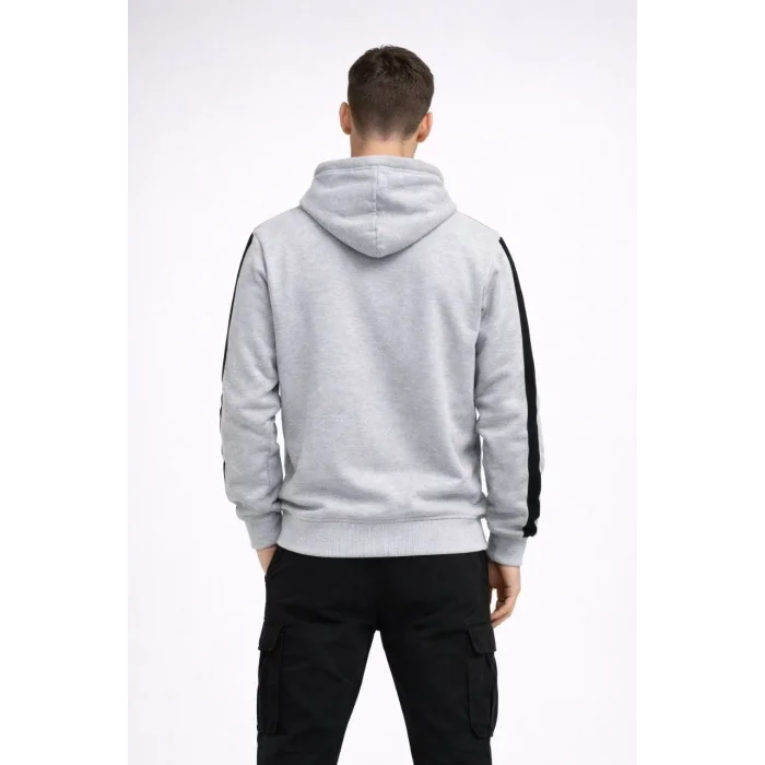 Erkek Şeritli Kapüşonlu Oversize Sweatshirt 3 iplik Pamuklu hoodie - Beyaz