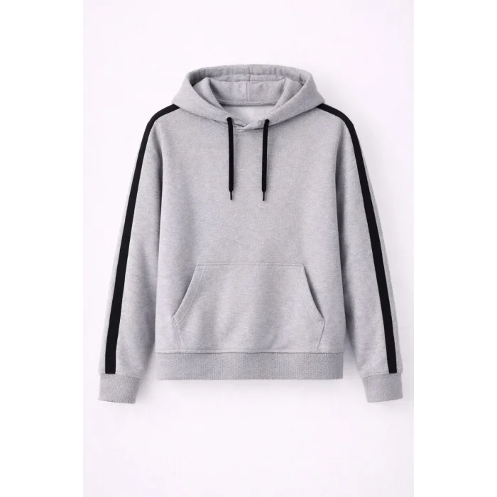 Erkek Şeritli Kapüşonlu Sweatshirt Oversize 3 iplik Pamuklu Hoodie - Gri