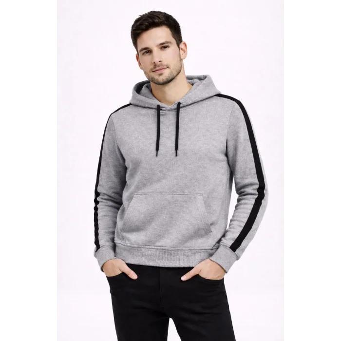 Erkek Şeritli Kapüşonlu Sweatshirt Oversize 3 iplik Pamuklu Hoodie - Gri