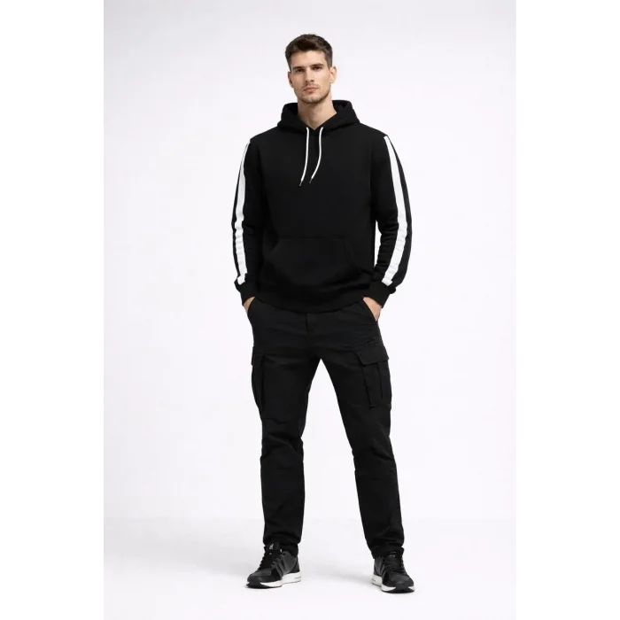 Erkek Şeritli Kapüşonlu Sweatshirt Oversize 3 iplik Pamuklu Hoodie - Siyah