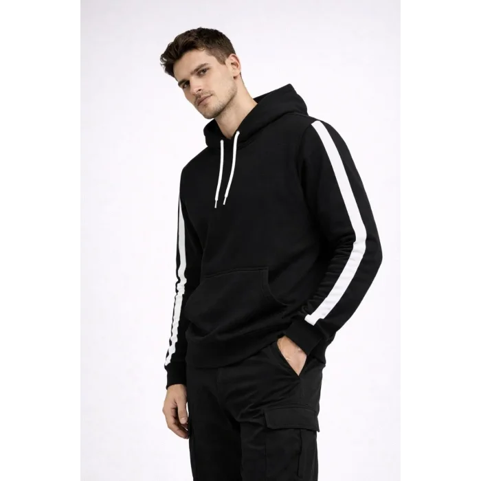 Erkek Şeritli Kapüşonlu Sweatshirt Oversize 3 iplik Pamuklu Hoodie - Siyah