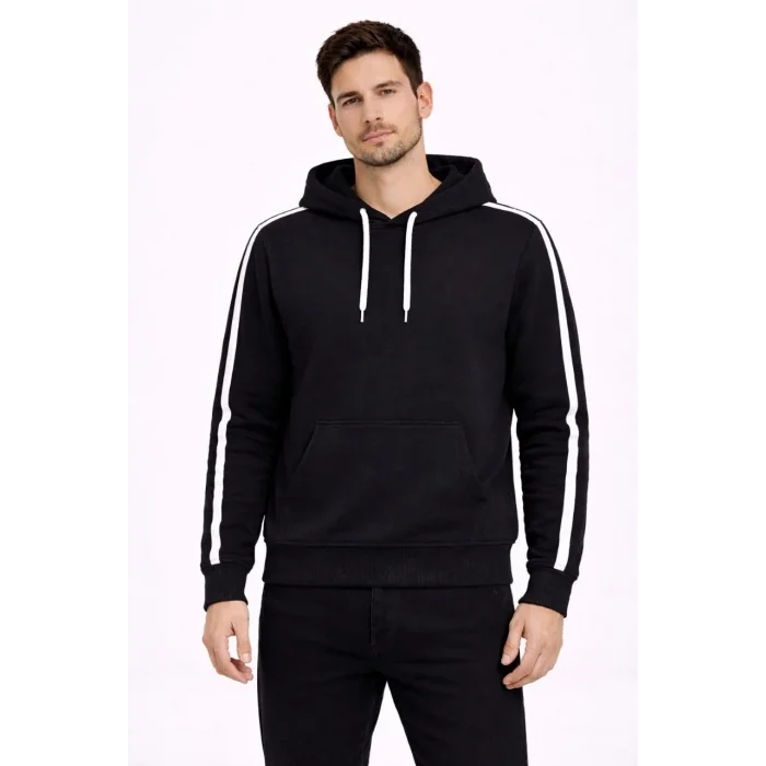 Erkek Şeritli Kapüşonlu Sweatshirt Oversize 3 iplik Pamuklu Hoodei - Siyah