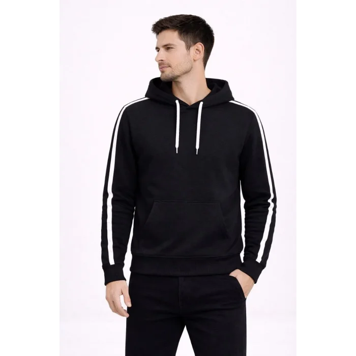 Erkek Şeritli Kapüşonlu Sweatshirt Oversize 3 iplik Pamuklu Hoodei - Siyah