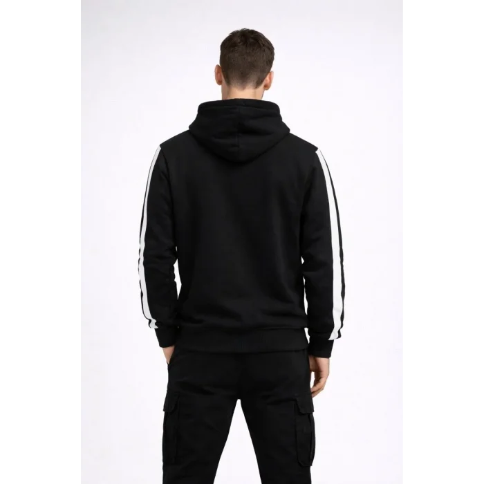 Erkek Şeritli Kapüşonlu Sweatshirt Oversize 3 iplik Pamuklu Hoodie - Siyah