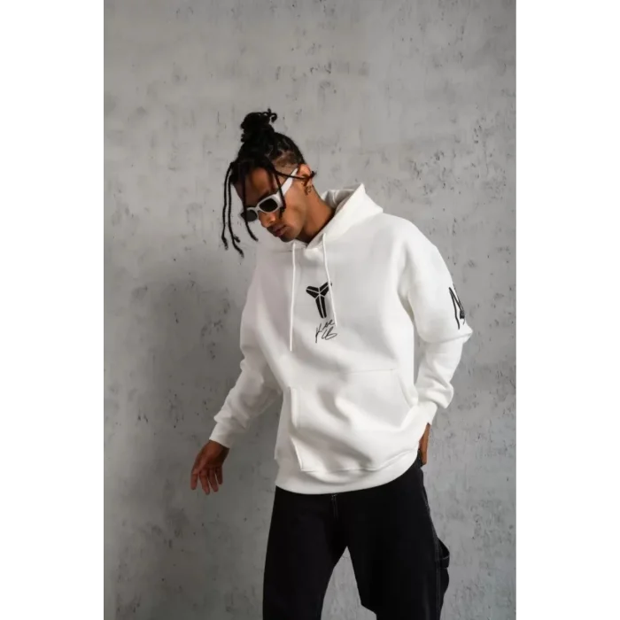 BErkek 3 İplik Pamuklu Kapüşonlu Baskılı Cepli Oversize Sweatshirt Hoodie - eyaz