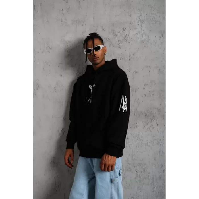 Erkek 3 İplik Pamuklu Kapüşonlu Kanguru Cepli Baskılı Oversize Hoodie Sweatshirt - Siyah