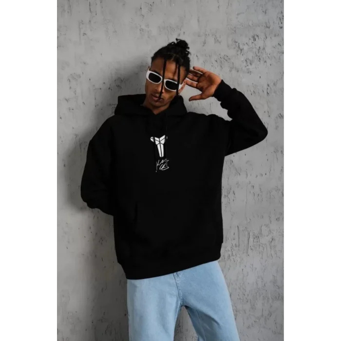 Erkek 3 İplik Pamuklu Kapüşonlu Kanguru Cepli Baskılı Oversize Hoodie Sweatshirt - Siyah