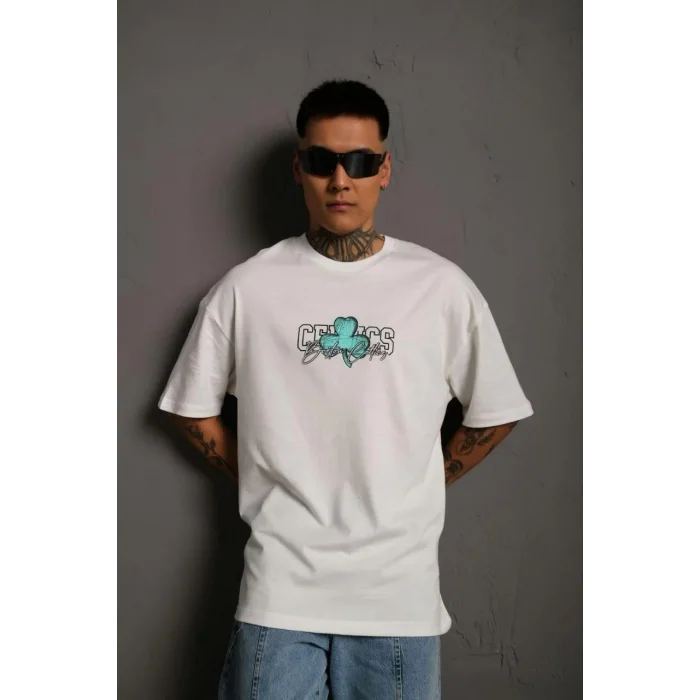 Erkek Kısa Kol Yazlık Tişört Bisiklet Yaka Baskılı Oversize T-Shirt - Beyaz