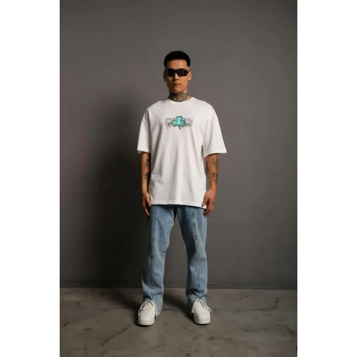 Erkek Kısa Kol Yazlık Tişört Bisiklet Yaka Baskılı Oversize T-Shirt - Beyaz