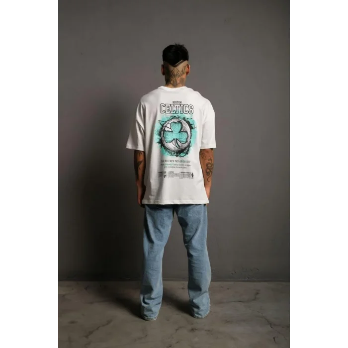Erkek Kısa Kol Yazlık Tişört Bisiklet Yaka Baskılı Oversize T-Shirt - Beyaz