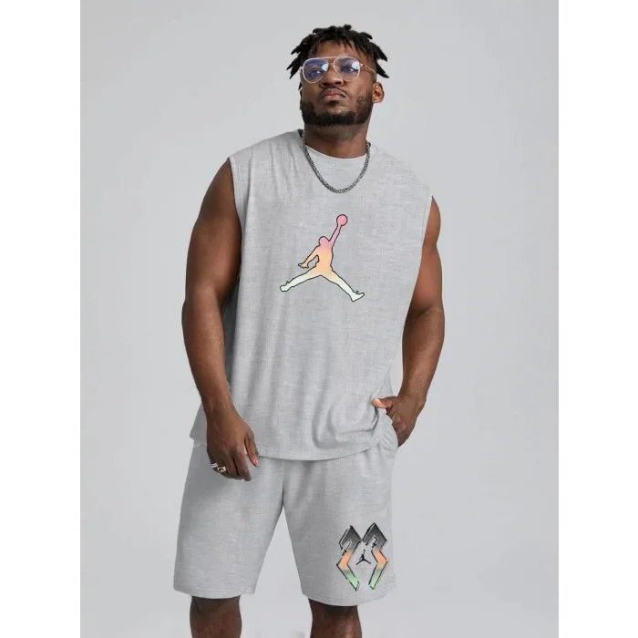 Erkek Sırt Baskılı Sıfır Kol İkili Şort Alt-Üst Takım - Gri