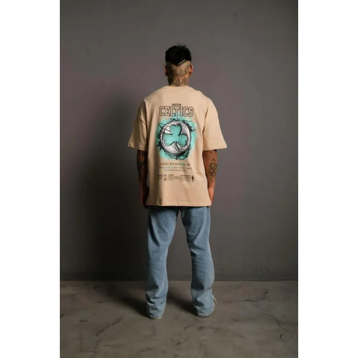 Erkek Kısa Kol Yazlık Tişört Bisiklet Yaka Baskılı Oversize T-Shirt - Bej