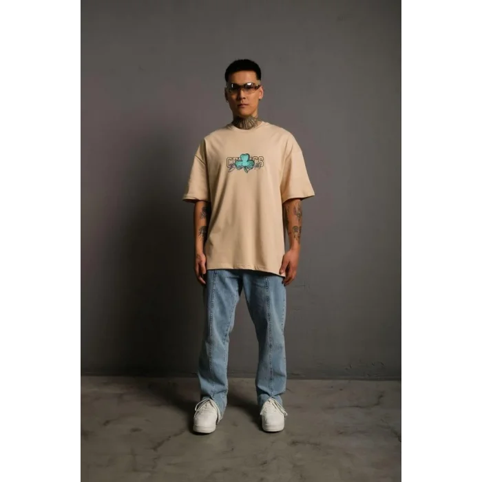 Erkek Kısa Kol Yazlık Tişört Bisiklet Yaka Baskılı Oversize T-Shirt - Bej