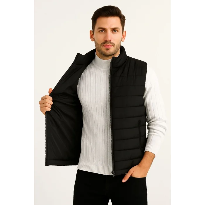 Erkek Şişme Fermuarlı Yelek Su itici Kapitone Astarlı Kumaş Cepli Hafif Kışlık Spor Rahat Kalıp - Siyah