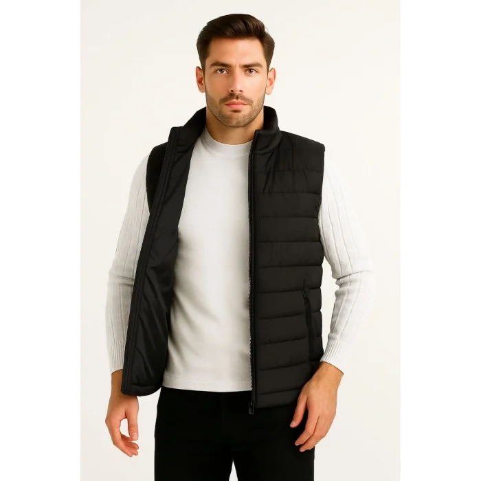 Erkek Şişme Fermuarlı Yelek Su itici Kapitone Astarlı Kumaş Cepli Hafif Kışlık Spor Rahat Kalıp - Siyah