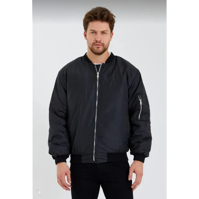 ERKEK Siyah Bomber Mont Su İtici Kapitone Astarlı Fermuarlı Ceket - Siyah