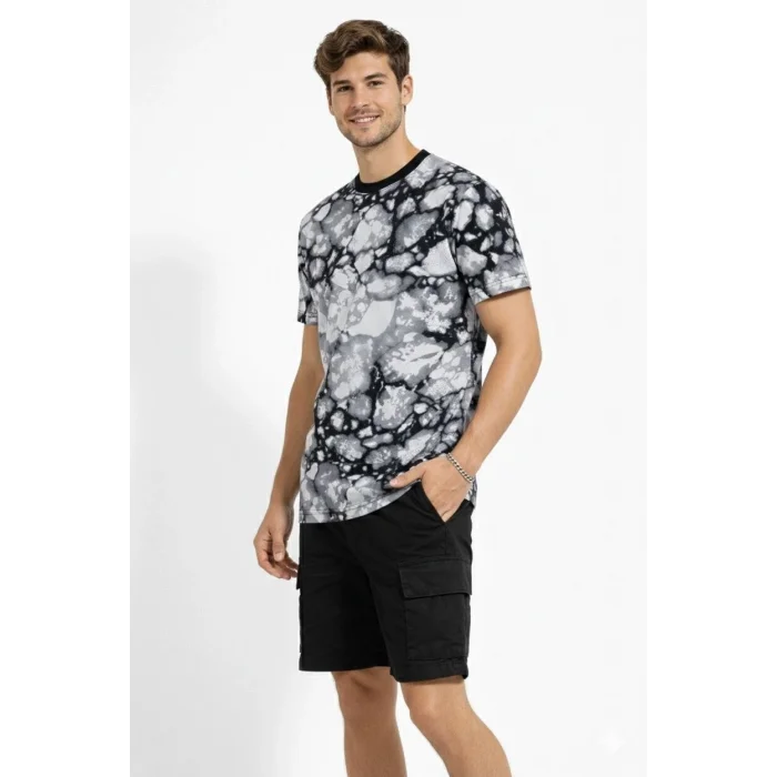 Erkek Siyah Gri Taş Desenli Tişört – Regular Fit, Bisiklet Yaka, Dijital Baskılı Modern Tasarım T-Shirt - Siyah