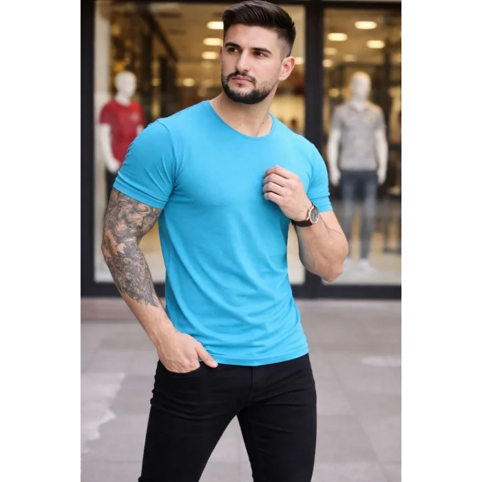 Erkek T-Shirt Bisiklet Yaka Slim Fit dar kesim Likralı Tişört Günlük Basic Body - Açık Mavi