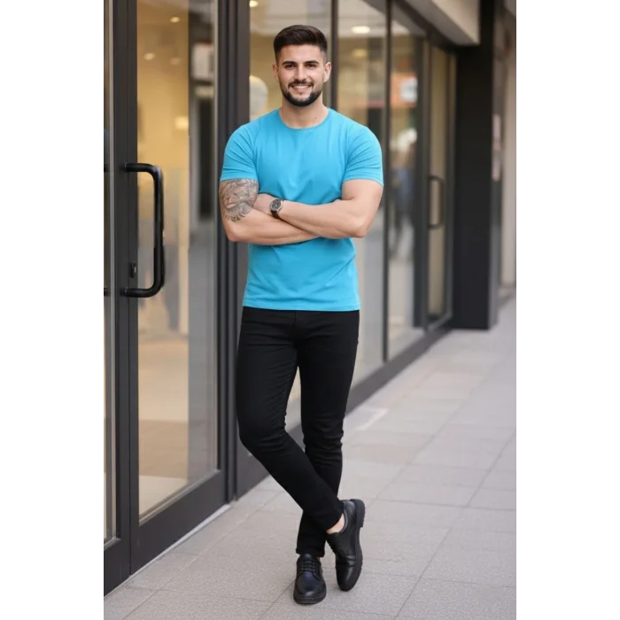 Erkek T-Shirt Bisiklet Yaka Slim Fit dar kesim Likralı Tişört Günlük Basic Body - Açık Mavi