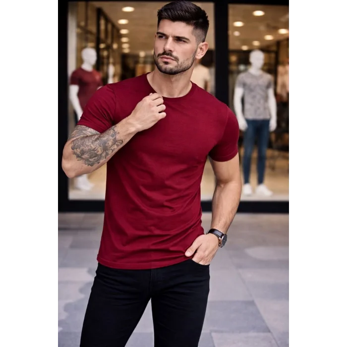 Erkek T-Shirt Bisiklet Yaka Slim Fit dar kesim Likralı Tişört Günlük Basic Body - Bordo