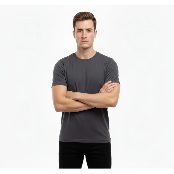 Erkek T-Shirt Bisiklet Yaka Slim Fit dar kesim Likralı Tişört Günlük Basic Body - Füme