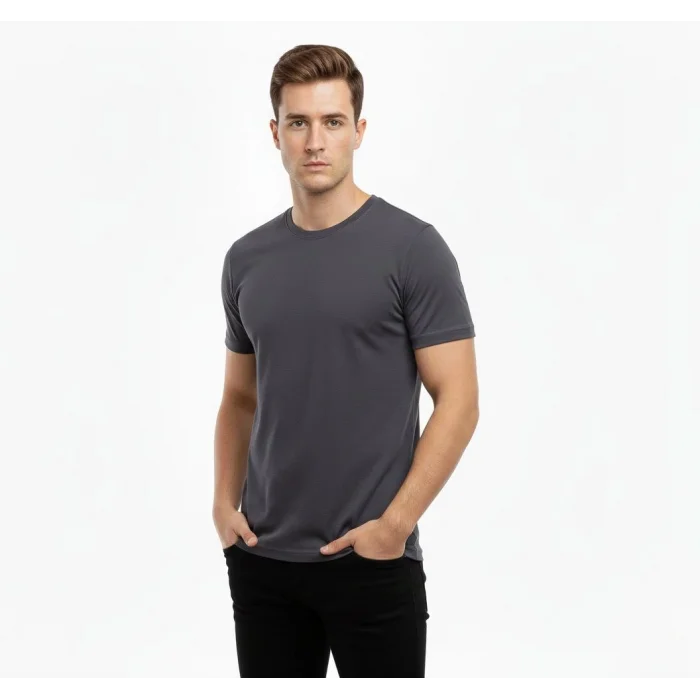 Erkek T-Shirt Bisiklet Yaka Slim Fit dar kesim Likralı Tişört Günlük Basic Body - Füme