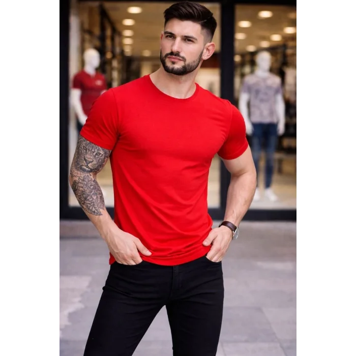 Erkek T-Shirt Bisiklet Yaka Slim Fit dar kesim Likralı Tişört Günlük Basic Body - Kırmızı