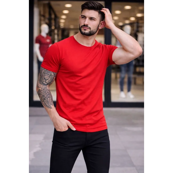 Erkek T-Shirt Bisiklet Yaka Slim Fit dar kesim Likralı Tişört Günlük Basic Body - Kırmızı