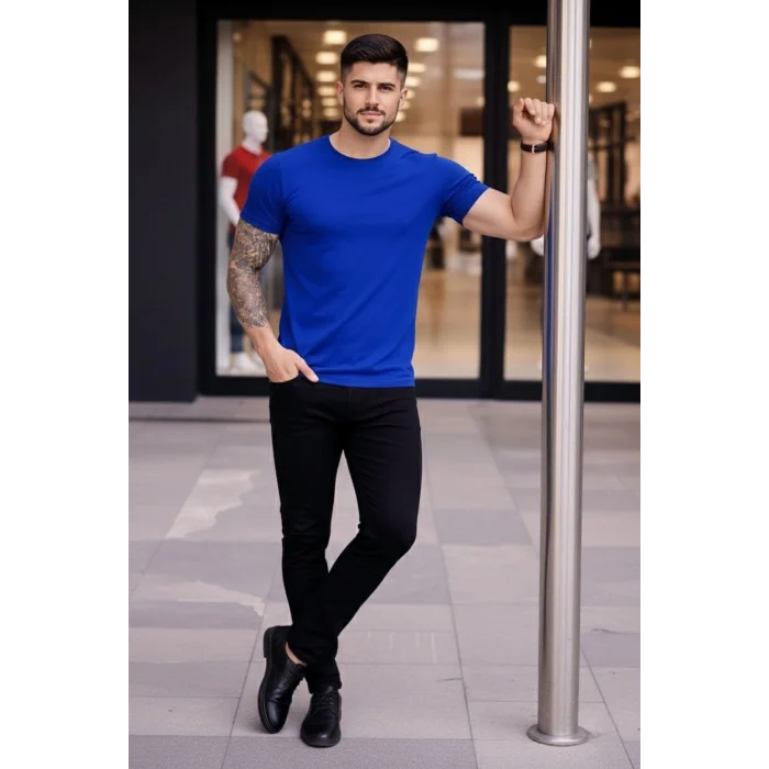 Erkek T-Shirt Bisiklet Yaka Slim Fit dar kesim Likralı Tişört Günlük Basic Body - Saks Mavisi