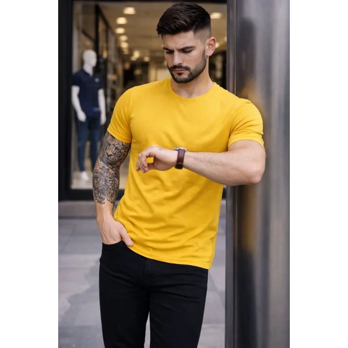 Erkek T-Shirt Bisiklet Yaka Slim Fit dar kesim Likralı Tişört Günlük Basic Body - Sarı