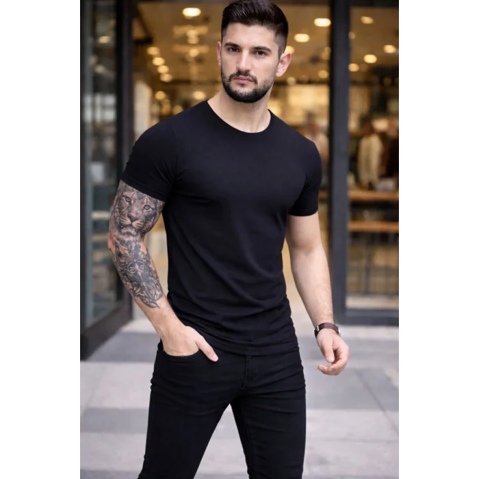 Erkek T-Shirt Bisiklet Yaka Slim Fit dar kesim Likralı Tişört Günlük Basic Body - Siyah