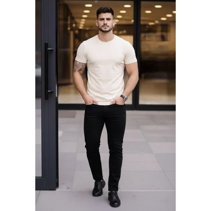 Erkek T-Shirt Bisiklet Yaka Slim Fit dar kesim Likralı Tişört Günlük Basic Body - Taş