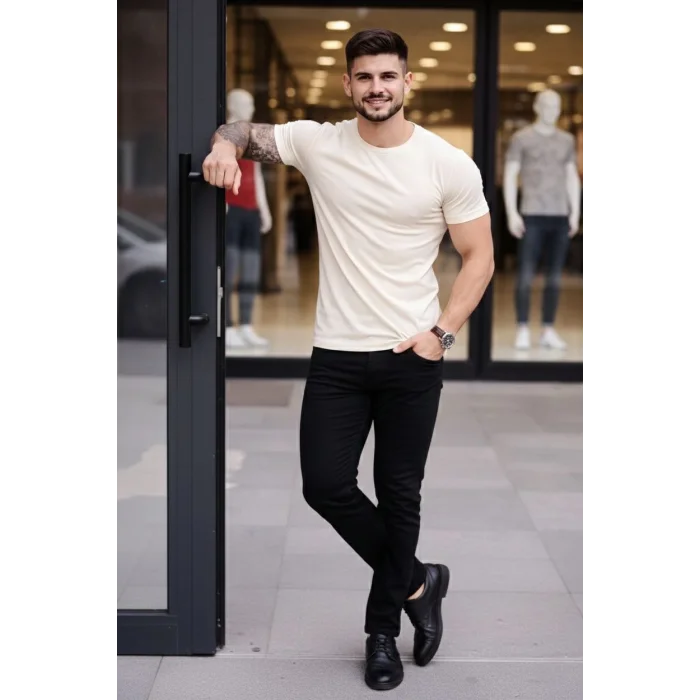 Erkek T-Shirt Bisiklet Yaka Slim Fit dar kesim Likralı Tişört Günlük Basic Body - Taş