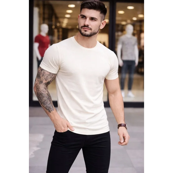 Erkek T-Shirt Bisiklet Yaka Slim Fit dar kesim Likralı Tişört Günlük Basic Body - Taş